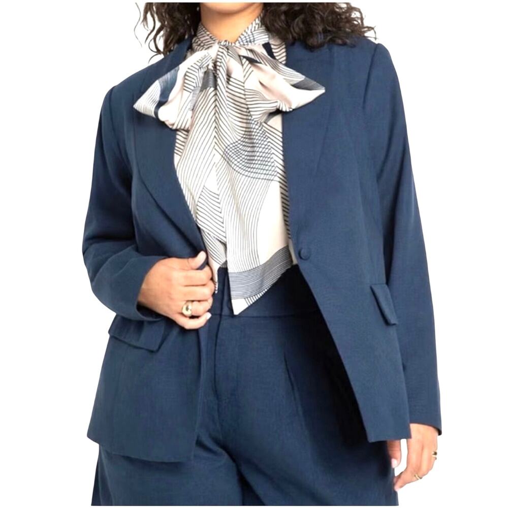 ELOQUII Women’s Linen Indigo Blue Single Button Notched Lapel Blazer